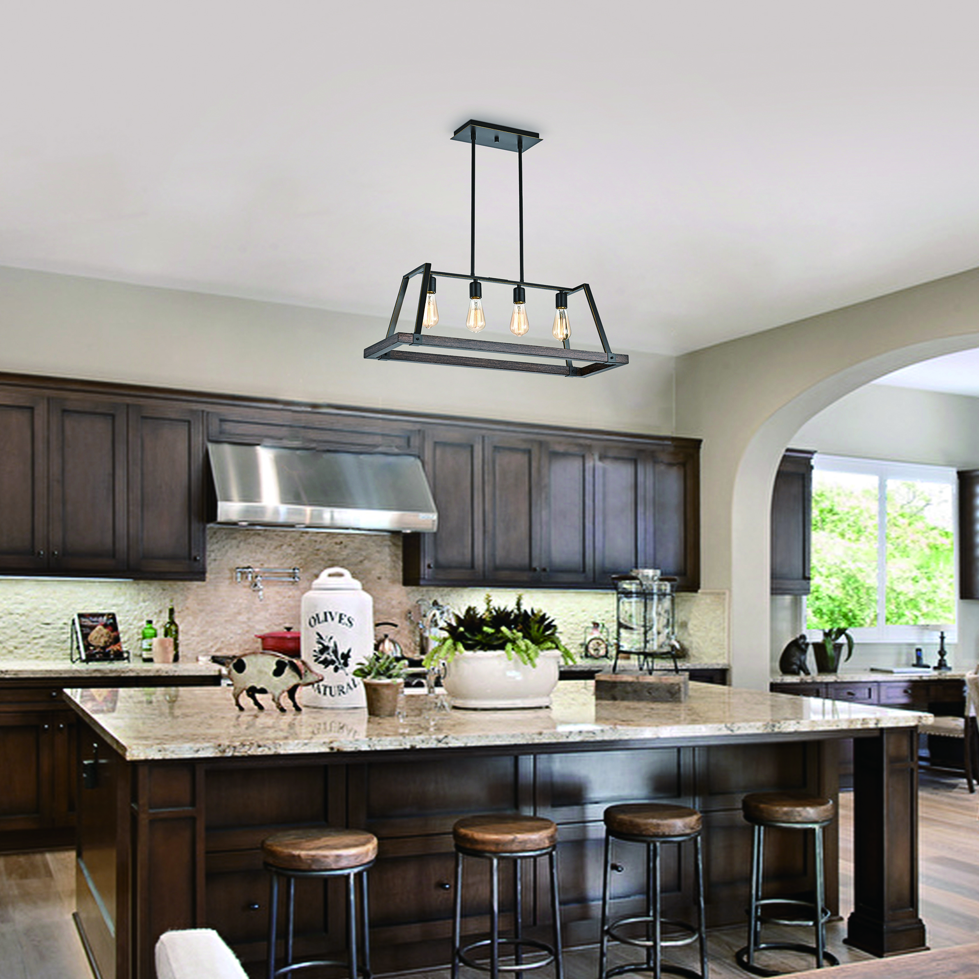 4-light wood and oil rubbed bronze kitchen island chandelier