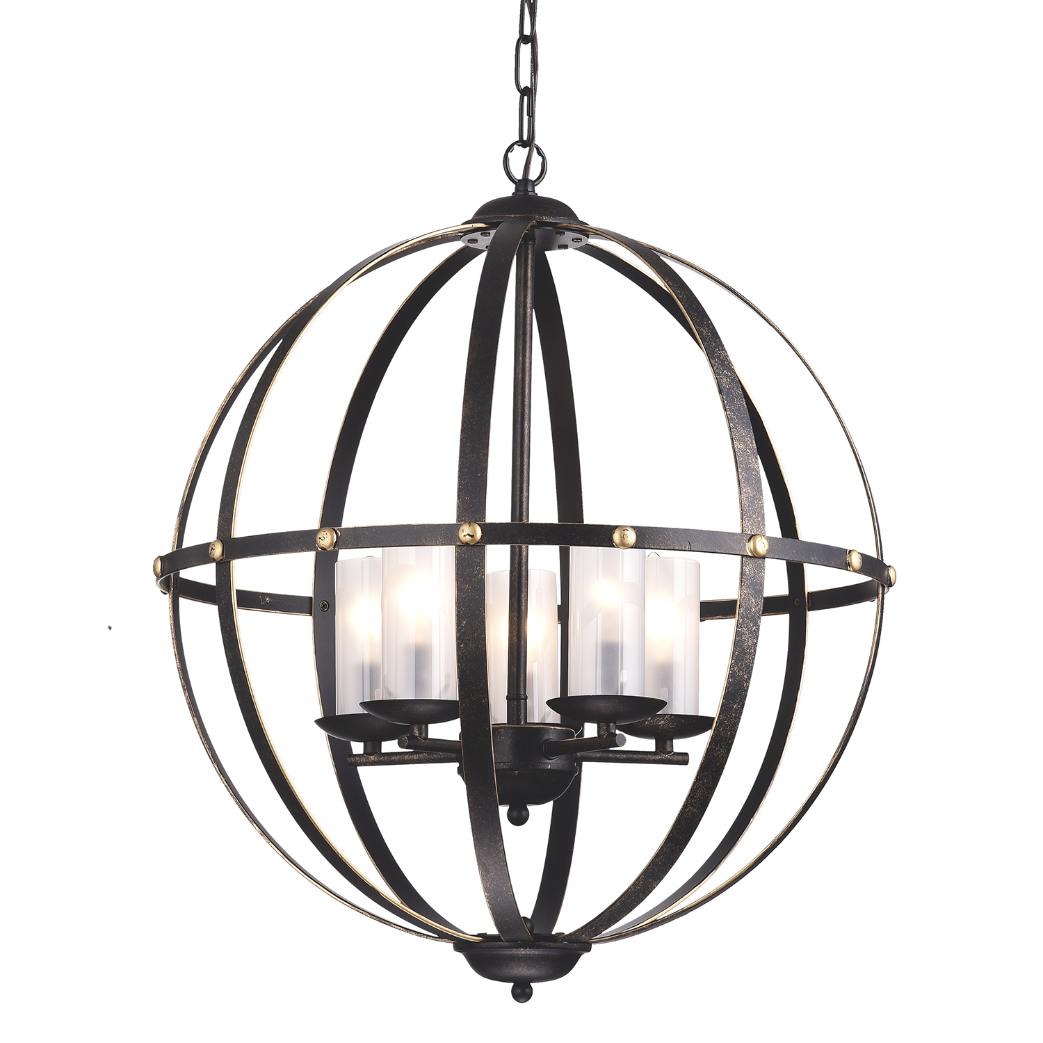 5-Light Antique Bronze Globe Sphere Orb Cage Chandelier with 