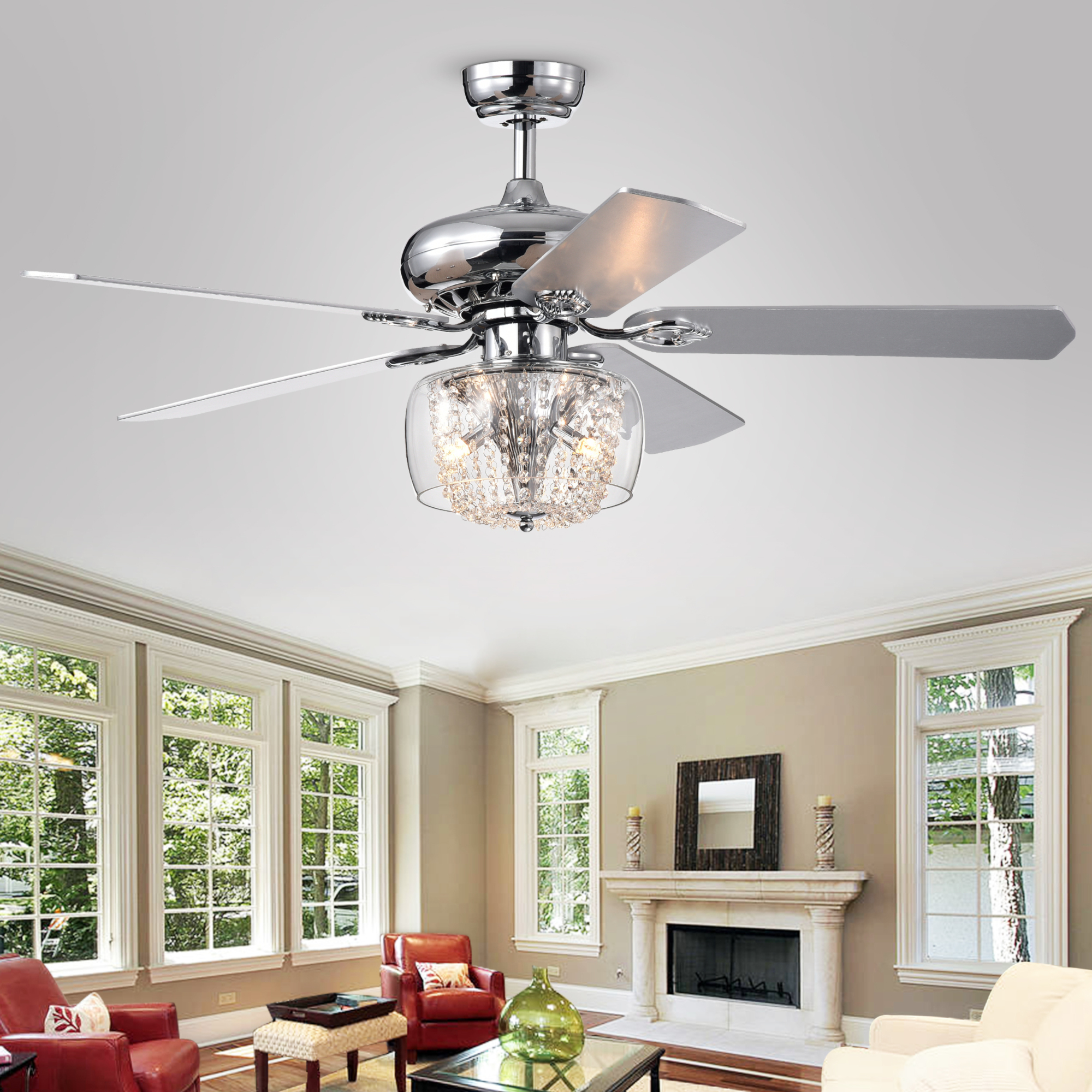 52 in Indoor Chrome Reversible Ceiling Fan with Glass Crystal Strand