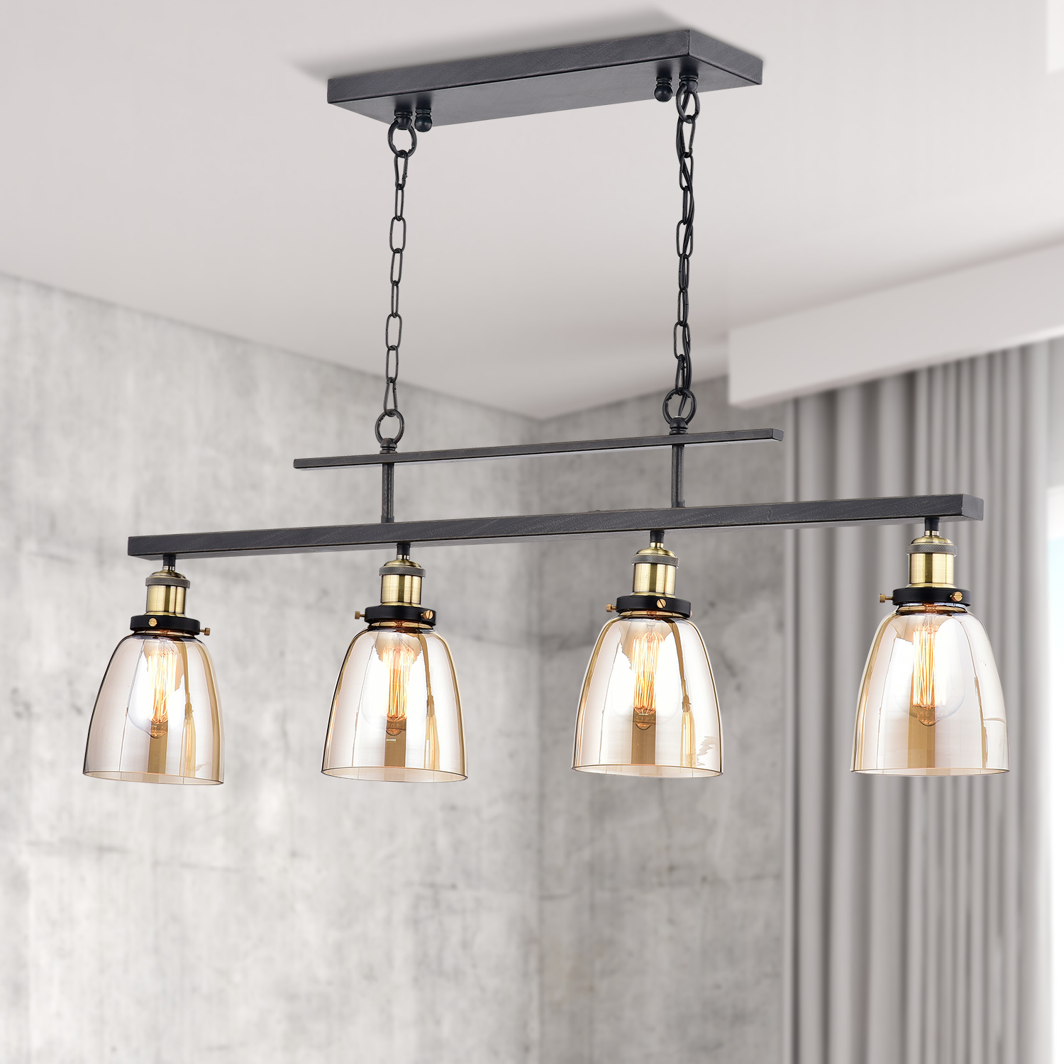 4-Light Antique Black Downlight Linear Kitchen Chandelier with Amber ...