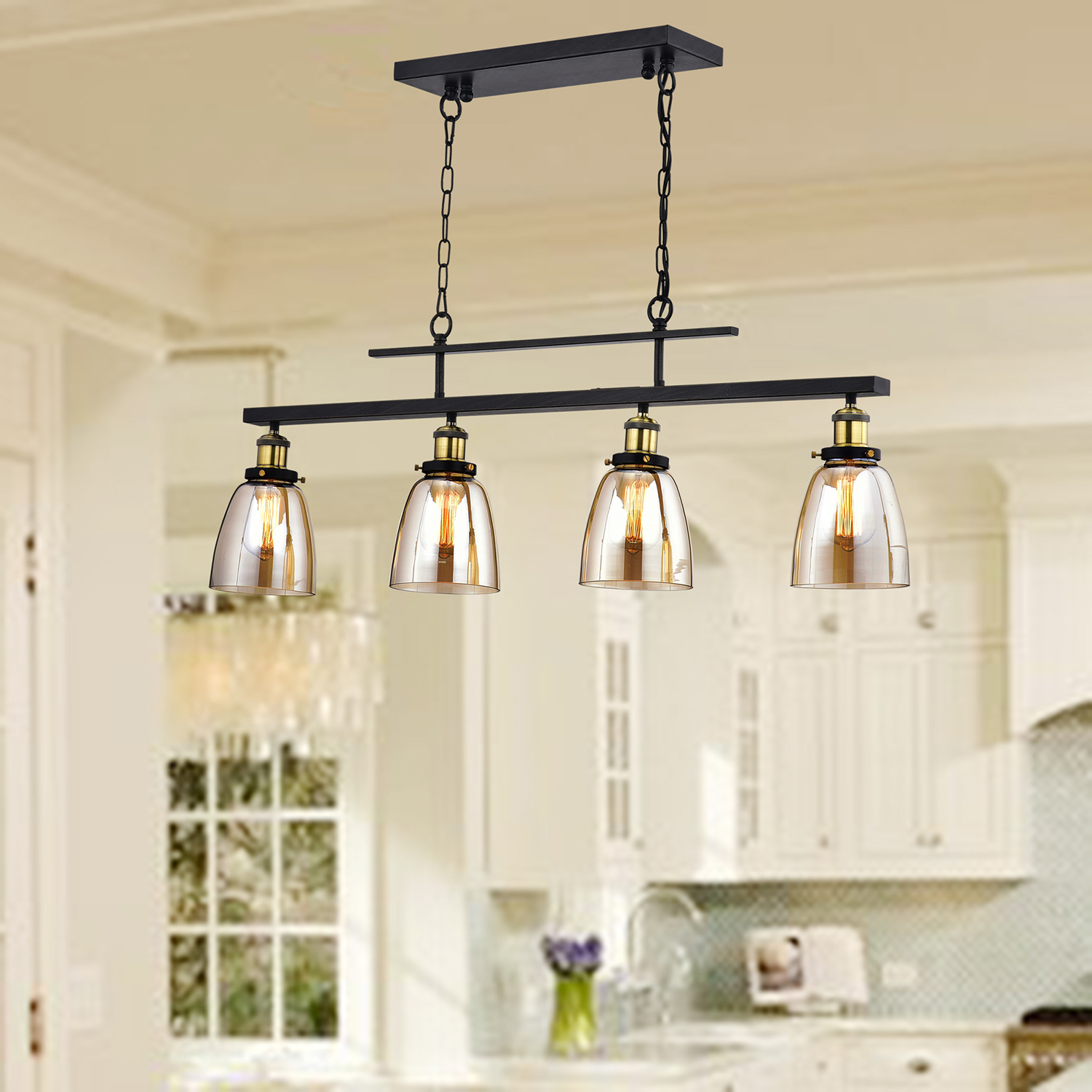 4-Light Antique Black Downlight Linear Kitchen Chandelier with Amber ...