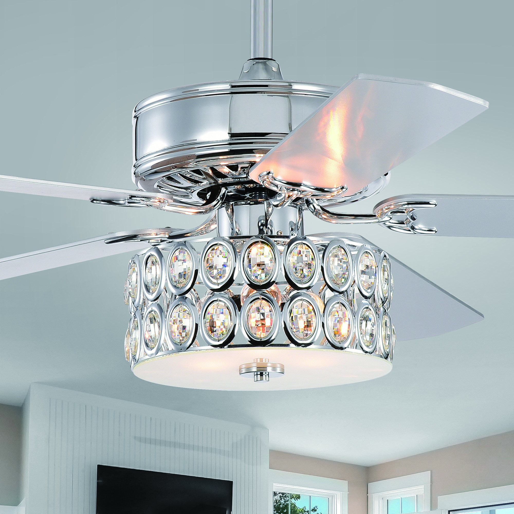 Flush Mount Ceiling Fan With Crystal Light Shelly Lighting